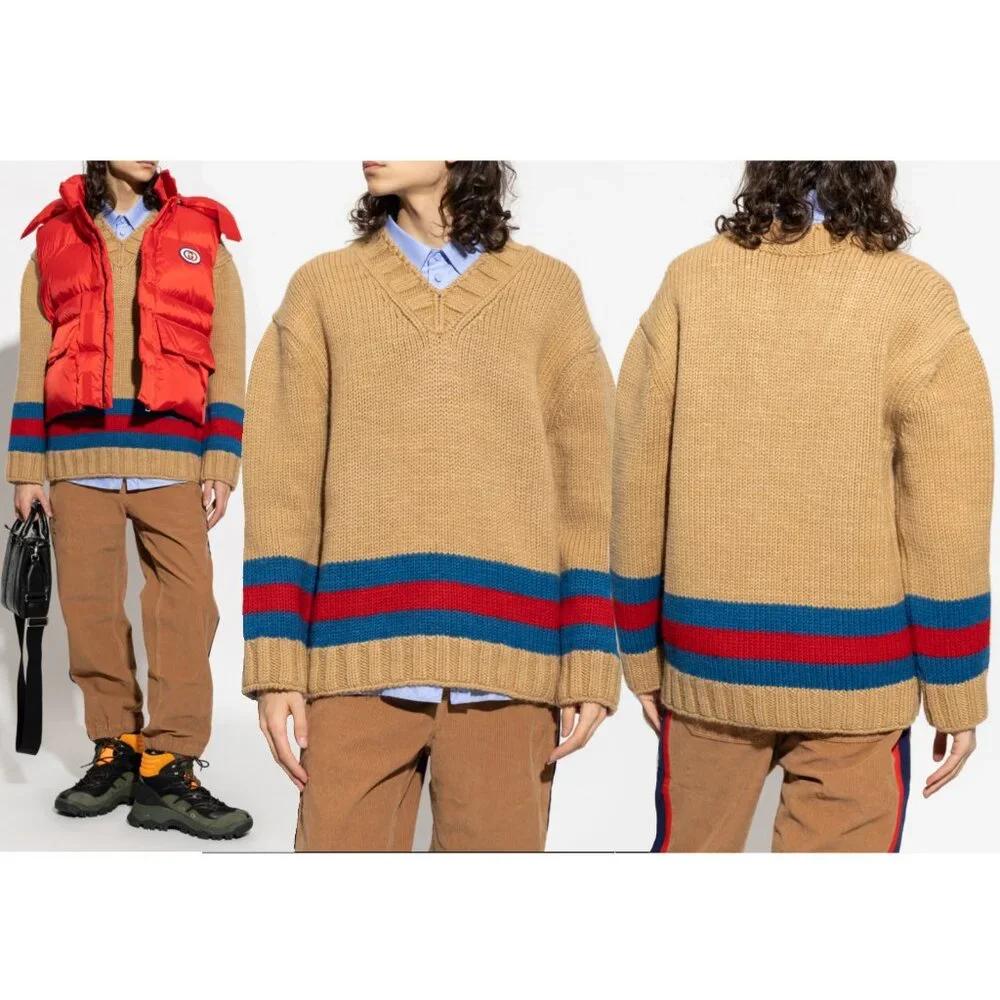 GUCCI MENS SWEATER STRIPED MOHAIR WOOL BLEND WEB STRIPE MOTIF sz M MEDIUM - Picture 5 of 15